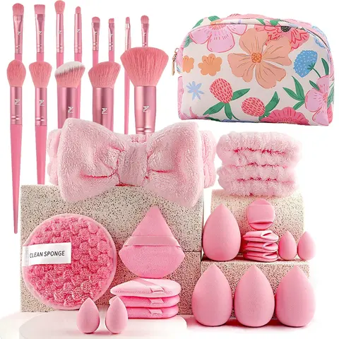 Floral Makeup Set, Includes Makeup Brushes, Beauty Sponges, Hair Tie, and Makeup Bag, One-Stop Cosmetic Kit, Makeup Tool Set, Makeup Brushes Kits, Makeup Accessories
