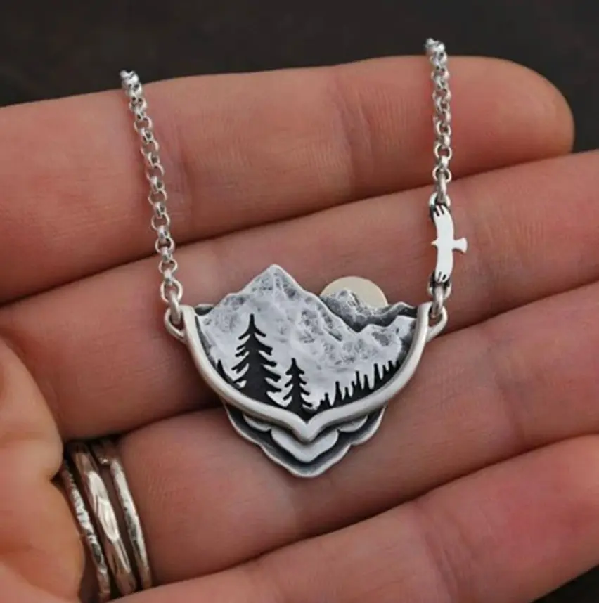 Nature Sunset Over Mountain Range w/ Trees Pendant Necklace, Great for someone who loves outdoors or hiking