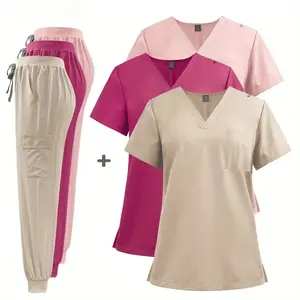 Unisex Jogging Uniforms Woman Nursing Set V-neck Top Pocket Pant Uniform Clinical Work Suits Beauty Wear