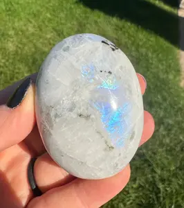 Flashy Rainbow Moonstone Palm Stone (Grade A) - Moonstone Worry Stone - Polished Rainbow Moonstone Crystal - Rainbow Moonstone with Flash!