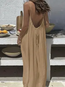 Sleeveless solid color slip casual dress, summer elegant sleeveless maxi dress, women's indoor pajamas Loungewear