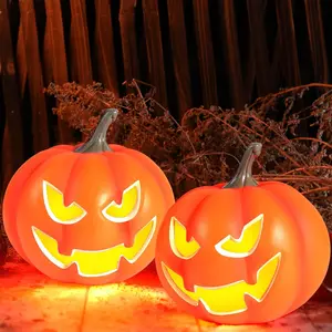 2 Pack Plastic Jack O Lantern Pumpkins Halloween Light up Pumpkin Outdoor Indoor Battery Operated Lighted Pumpkin with Spooky Face Halloween Pumpkins Decorations Party Favor Gifts