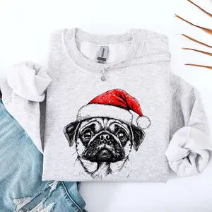 Pug, Santa, Dog, Christmas, Dog Lover, Pet Sweatshirt, Crew Neck, Women's, Crewneck