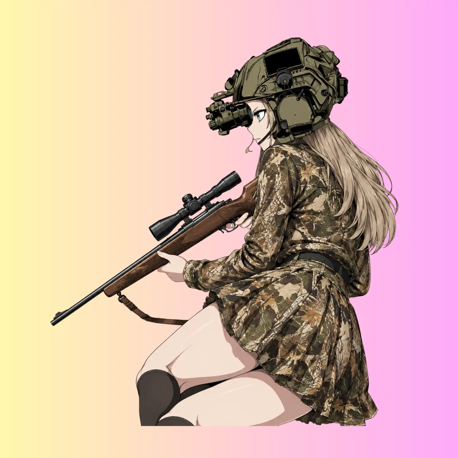 Tactical Camo Huntress Sticker, Anime Rifle Hunter Vinyl Decal, Outdoor Hunting Girl Sticker for Truck Laptop Tumbler
