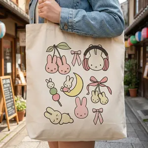 Miffy & Friends Canvas Tote Bag, Cute Cartoon Tote, Colorful Graphic Bag, Aesthetic Everyday Tote, Gift for Her