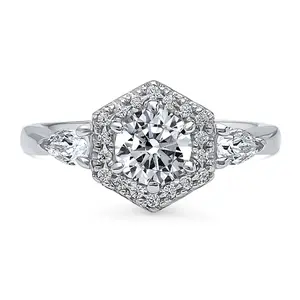 3-Stone Hexagon Halo 0.8ct CZ Ring in Sterling Silver