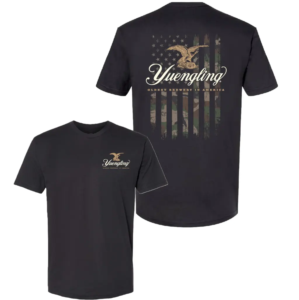 Women's Camo Flag T-Shirt  Yuengling Vintage Beer Logo Graphic Tee, America Brewery Inspired Shirt, Patriotic Casual Streetwear Top, Fitted Short Sleeve T-Shirt, Retro American Style Apparel, Classic Gift Shirt For Beer Lovers & Country Style Fans