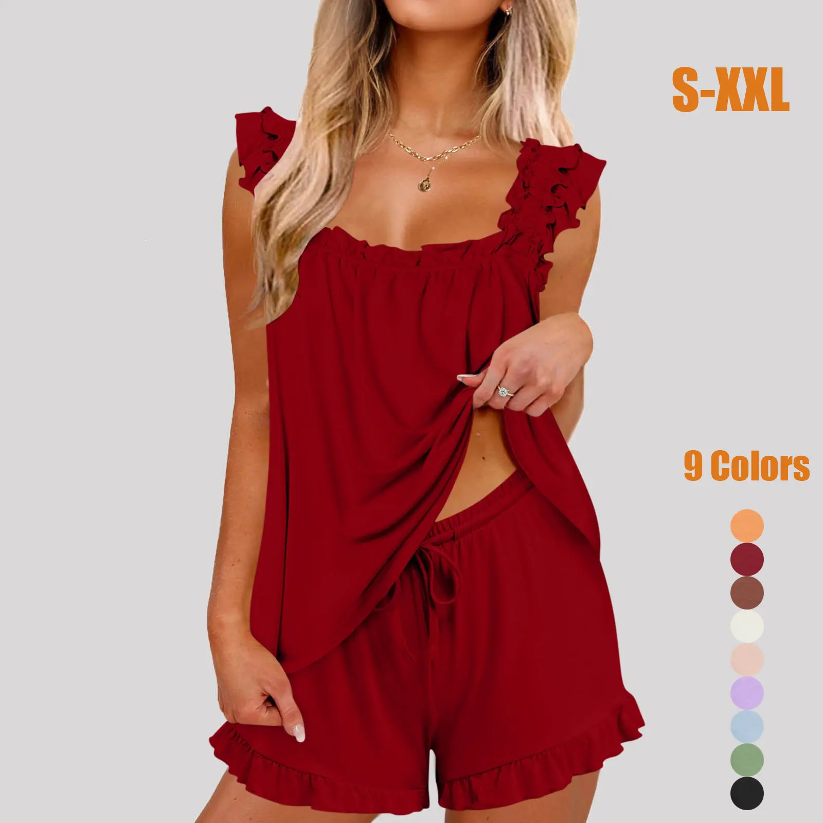Women's 2 Piece Pajama Set Ruffle Tank Top and Shorts Soft Sleepwear Set Cute Bridal Pjs Lounge Sets (S-XXL)