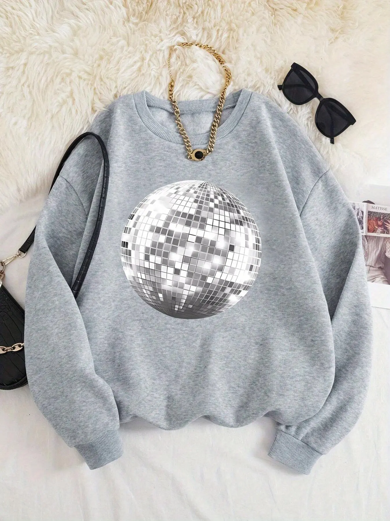 Women's Disco Ball Print Drop Shoulder Sweatshirt, Casual Long Sleeve Round Neck Pullover for Fall & Winter, Women's Clothes for Daily Wear
