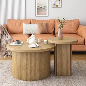 Coffee Table Set of 2,Round Coffee Tables for Living Room,Modern Wooden Accent Center Tables with Fluted Panel,End Table Set for Office Balcony