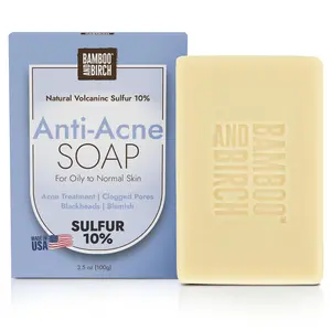 BAMBOO AND BIRCH Sulfur Soap Bar, Face and Back Acne Treatment, Sulfur 10%, 3.5 Oz Acne Soap Bar, Cleaner Bar Soap with Salicylic Acid Helps You Reduce Oil Excess and Acne Pimples for All Skin Types