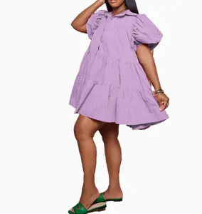 Women's Minimalist Polyester Puff-Sleeve Collared Button-Front Smock Dress, Plain Ruffle Hem Short Casual Wear for Daily All-Seasons Use,summervibes