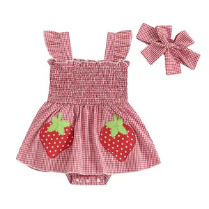 REDWOON Newborn Baby Girl Bubble Romper Plaid Strawberry Dress Smocked Flutter Sleeve Tank Bodysuit Bow Headband 2Pcs Summer