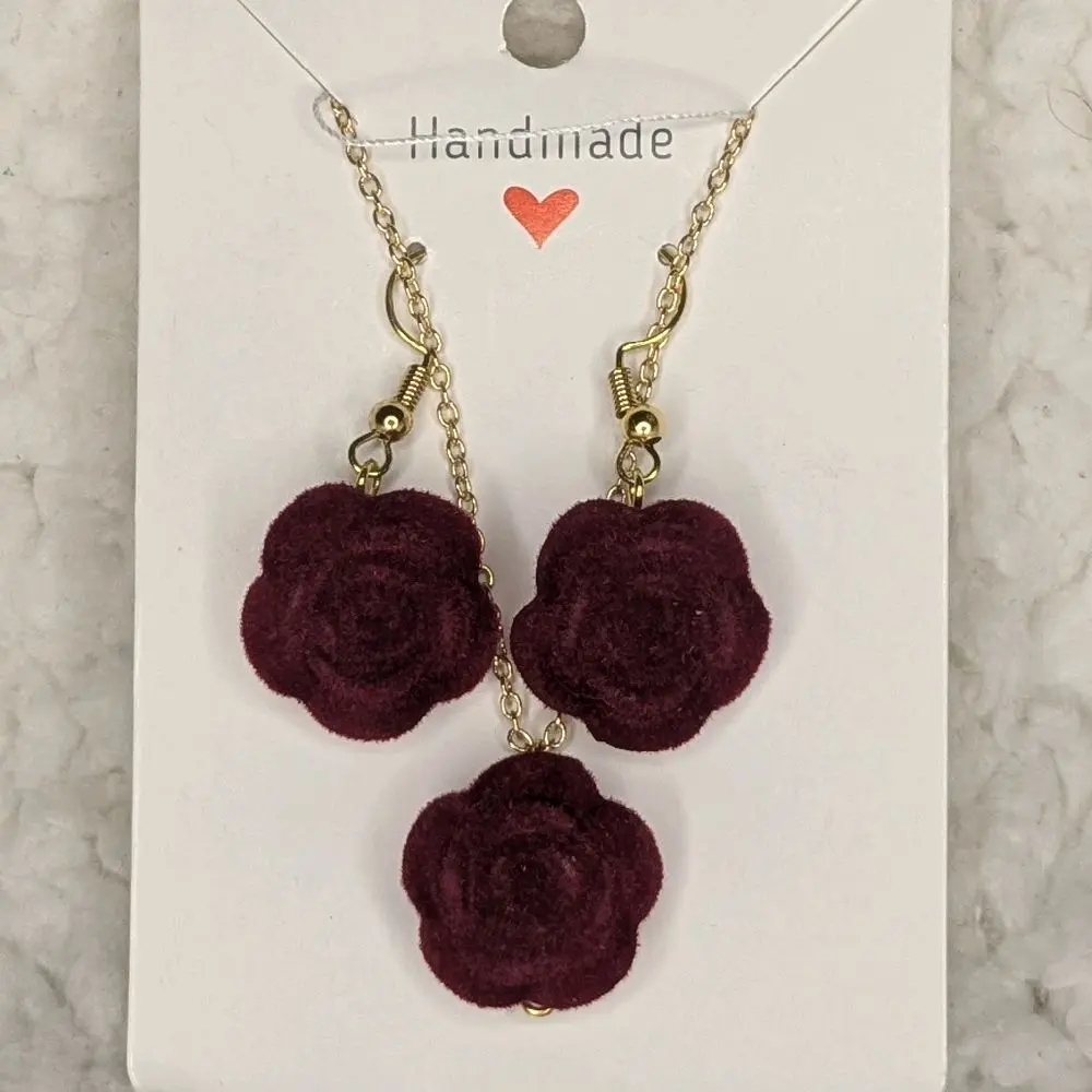 Handmade Burgundy Velvet Rose Necklace and Earring Set - Handcrafted Jewelry with Elegant Floral Design