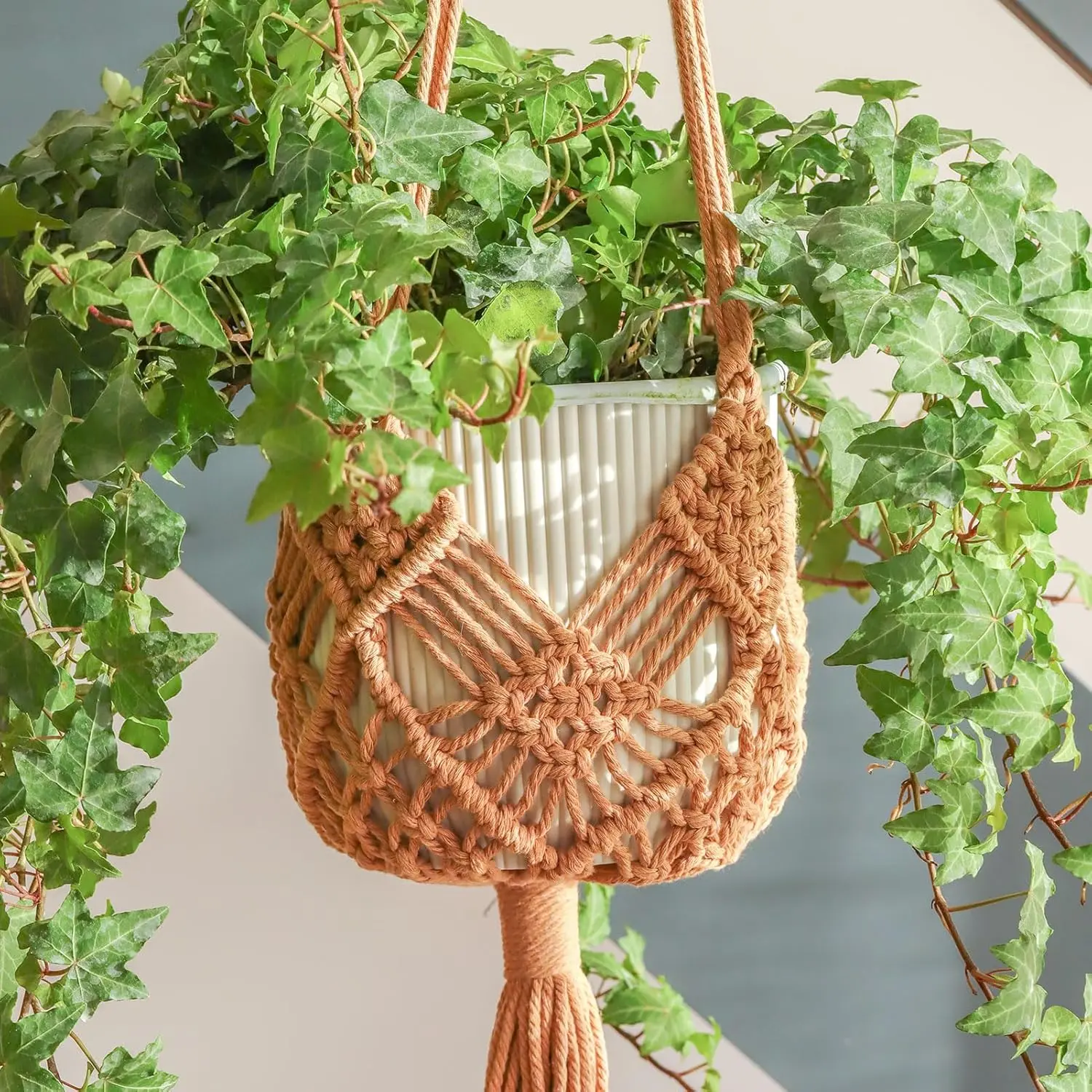 Hanging Planter with Patterns,2Packs Macrame  Hangers Indoor Macrame for up to 8 inch Pot Crochet Boho  Hanger Holder for Indoor Outdoor with 2S Shaped Stainless Steel Hooks (Caramel)