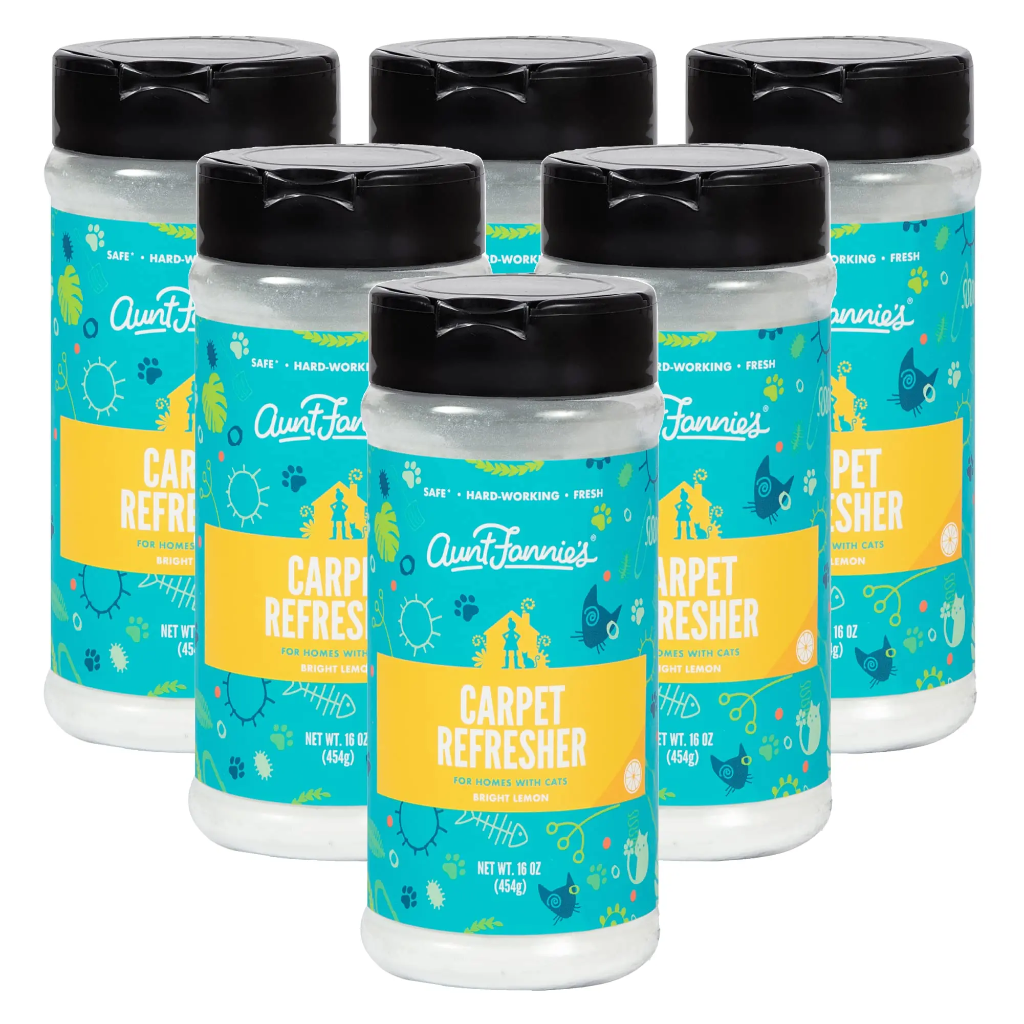 Aunt Fannie's Cat Carpet Refresher, Odor Neutralizing Powder for Homes with Cats, Kittens and Other Pets, Bright Lemon Scent, 16 Ounce (Pack of 6)