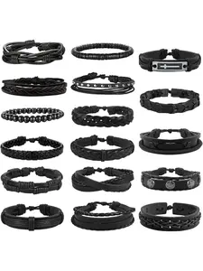 Leather Bracelet Set 17 Piece Bracelet for Men Woven Braided Leather Bracelet for Men and Women Punk Men's Jewellery Black/Brown Accessories Boho Style Bangles