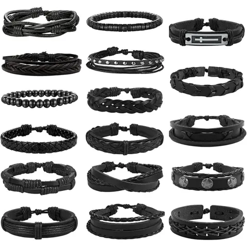 Leather Bracelet Set, 17-Piece Woven Braided Bracelets for Men and Women, Punk Jewellery Accessories, Stackable Bracelets, Available in Black and Brown, Bracelet Stacks