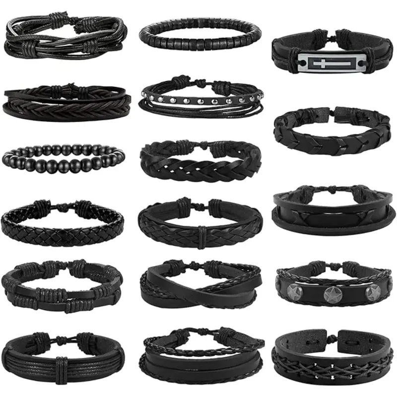 Leather Bracelet Set, 17-Piece Woven Braided Bracelets for Men and Women, Punk Jewellery Accessories, Stackable Bracelets, Available in Black and Brown, Bracelet Stacks