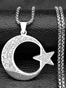 Muslim Star Crescent Moon Arabic Quran Stainless Steel Necklaces Men Spiritual Islamic Talisman Necklaces Pendants