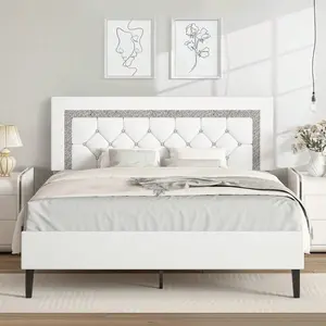 Twin/ Full/ Queen Bed Frame With Headboard, Modern Upholstered Bed Frame With Diamond Tufted Headboard, PU Leather Bed Frame, No Box Spring Needed, Easy Assembly, White/ Black/ Pink