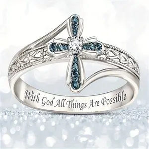 1 Pc Exquisite and Fashionable Blue Zircon Cross Flower Ring for Men and Women, Jewelry Gift