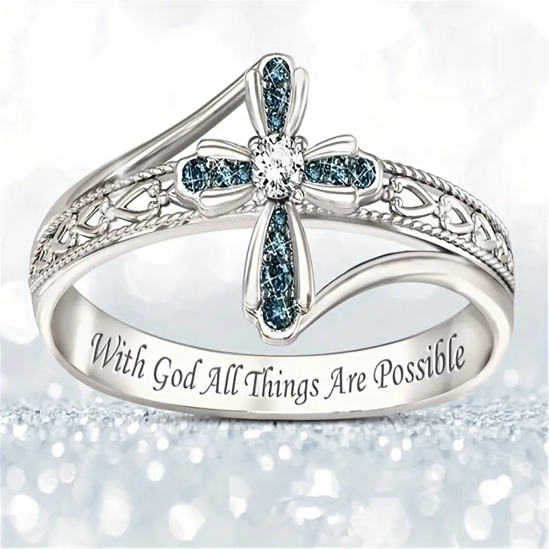1 Pc Unisex Elegant Glittering Blue Zircon Cross Flower Artificial Gemstone Ring - Multi-Size Fashion Costume Jewelry, Accessories for Women, Cross Symbol, Blue Stone, Colored Gemstone Rings, Mother's Day Gift,summerwins