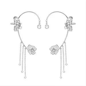 Fairycore Butterfly Tassel Earrings Clip Rhinestone Trendy Ear Clips