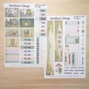 Woodland Cottage Hobonichi Cousin Sticker Kit – Cottagecore Forest Planner Stickers for Weekly Spread, Cute Nature Aesthetic Washi Strips Art Box Designs
