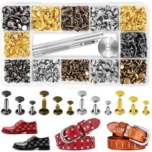 240 Sets Leather Rivets Kit, Double Cap Brass Rivets Leather Studs with 3PCS Setting Tools for Leather Repair and Crafts, 4 Colors and 3 Sizes