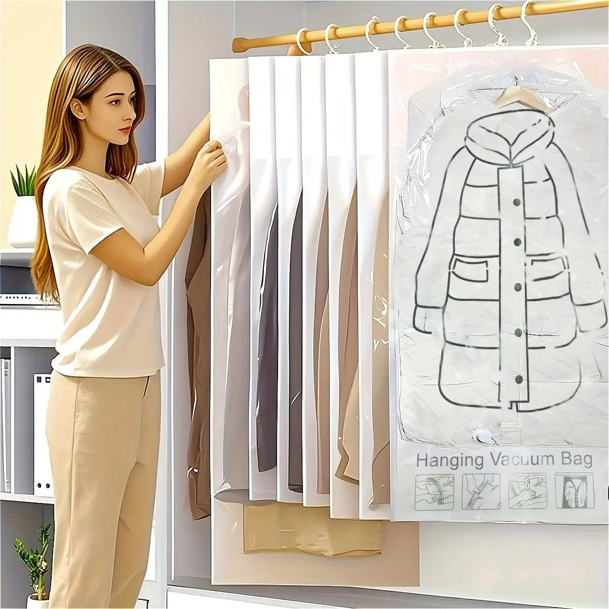 4-Pack Hanging Vacuum Compression Bags, Space-Saving Closet Organizer for Clothes Suits Jackets, Garment Covers, Transparent Front Back Plastic Storage Bag, Household Dust Cover, Dustproof Cover, Durable Cover
