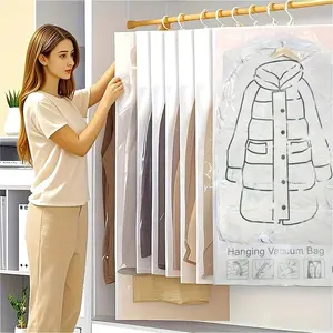 4-Pack Hanging Vacuum Compression Bags, Space-Saving Closet Organizer for Clothes Suits Jackets, Transparent Front Back Plastic Storage Bag, Dust Cover