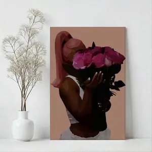 Black Woman with Pink Roses Art Print – Fashion Illustration Wall Art Poster for Room Decor,  6 Size, (8x12 to 28x40) inch