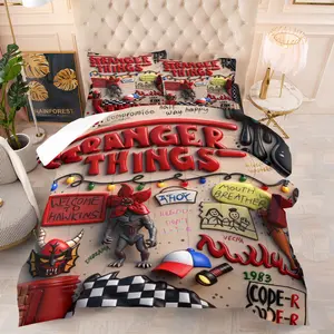 Stranger Things Print Comforter Set, Monster Code Graffiti Grid Elements Bedding, 1 Comforter and 1-2 Pillowcases No-Core, Warm Breathable All Seasons Use, Retro Trend Bedroom Decor Gift for Fans