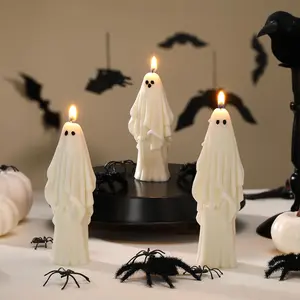 3 count Halloween Ghost Candles Set Halloween Table Centerpiece Cute Ghost Taper Candle White Gothic Desk Decoration Indoor with 3 Sizes Votive Decor  Soy Spooky Goth  for Party Tabletop