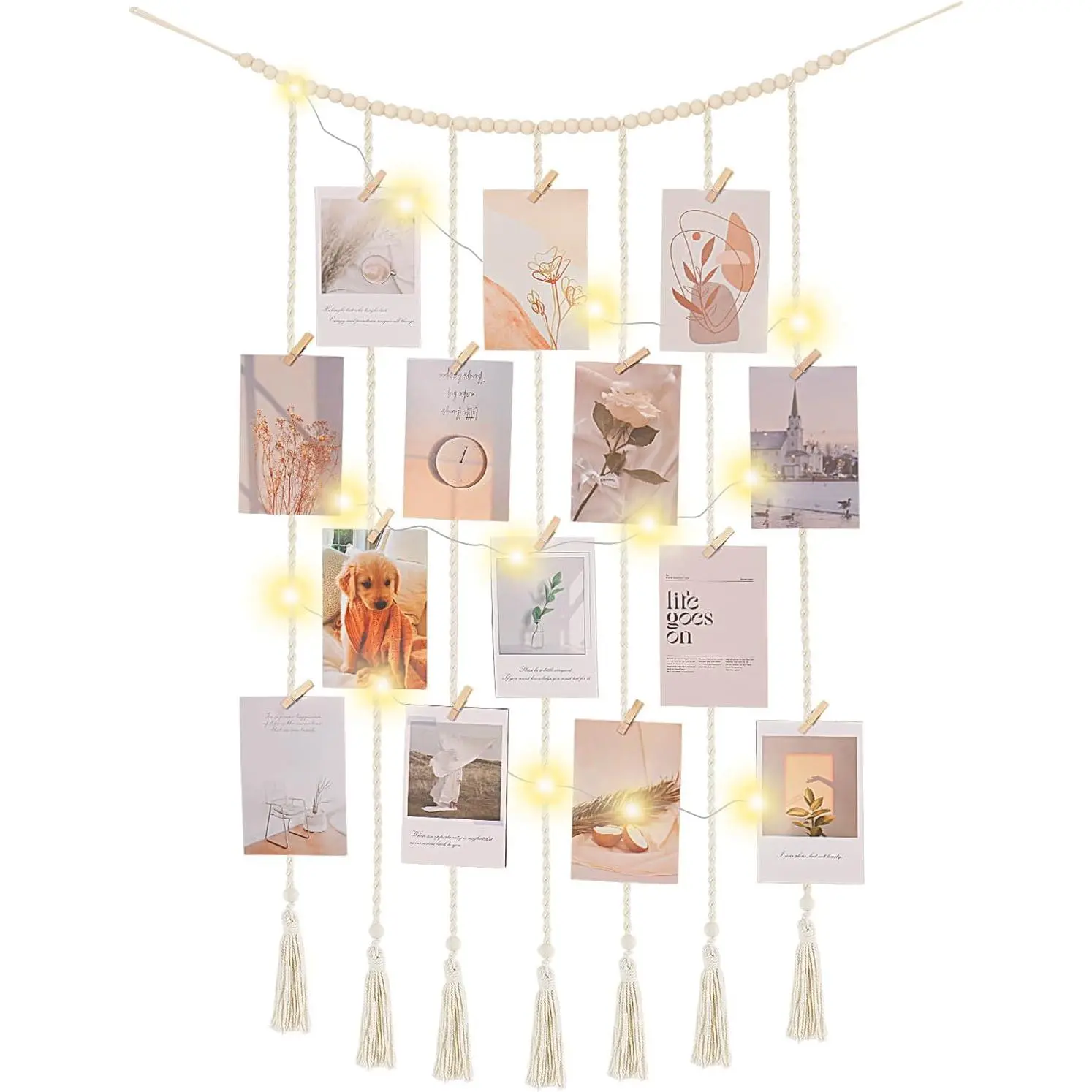 Macrame Hanging Photo Display Boho Wall Decor with String Lights Wooden Beads Garland Picture Frame Collage Holder with 30 Clips for Room, Bedroom, Dorm, Christmas Teenage Teen Girl Gifts (Beige, Medium)
