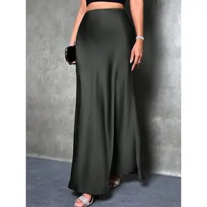 2025 Women’s Satin Elastic High-Waist Maxi Skirt – Trendy A-line silk skirt for summer, fall, and winter; suitable for casual, formal, and work wear