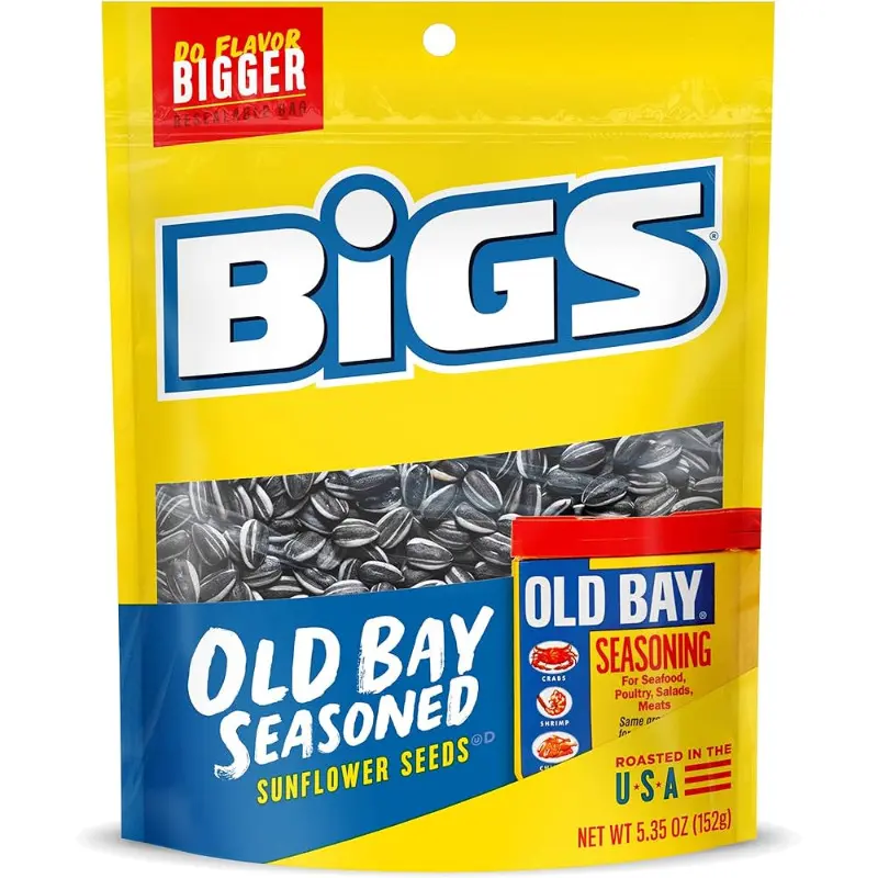 Bigs Old Bay Flavor Sunflower Seeds Snack - 12-Pack, 5.35oz Bold Seasoning, Ambient, Nutrient-Rich, Nutrients-Packed, Good Source of Protein, Crunchy Munchies for Parties, All Ages