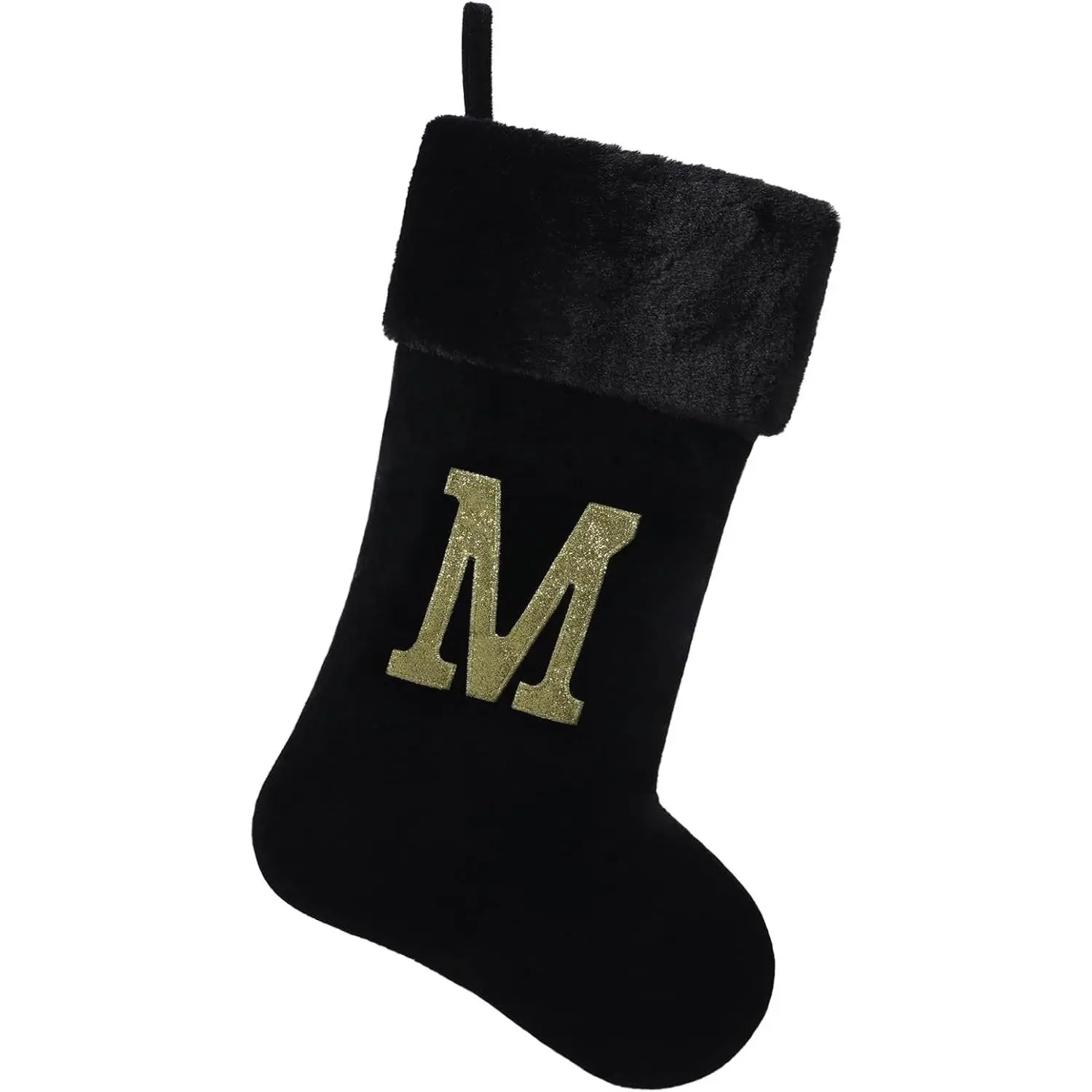 Personalized Black Velvet Christmas Stocking,Embroidered Initial“M” | 20-Inch,Black Velvet Design,Gold Glitter Letter, Monogram Initial,Fireplace Mantel Display,Holiday Decor & Christmas Gifting