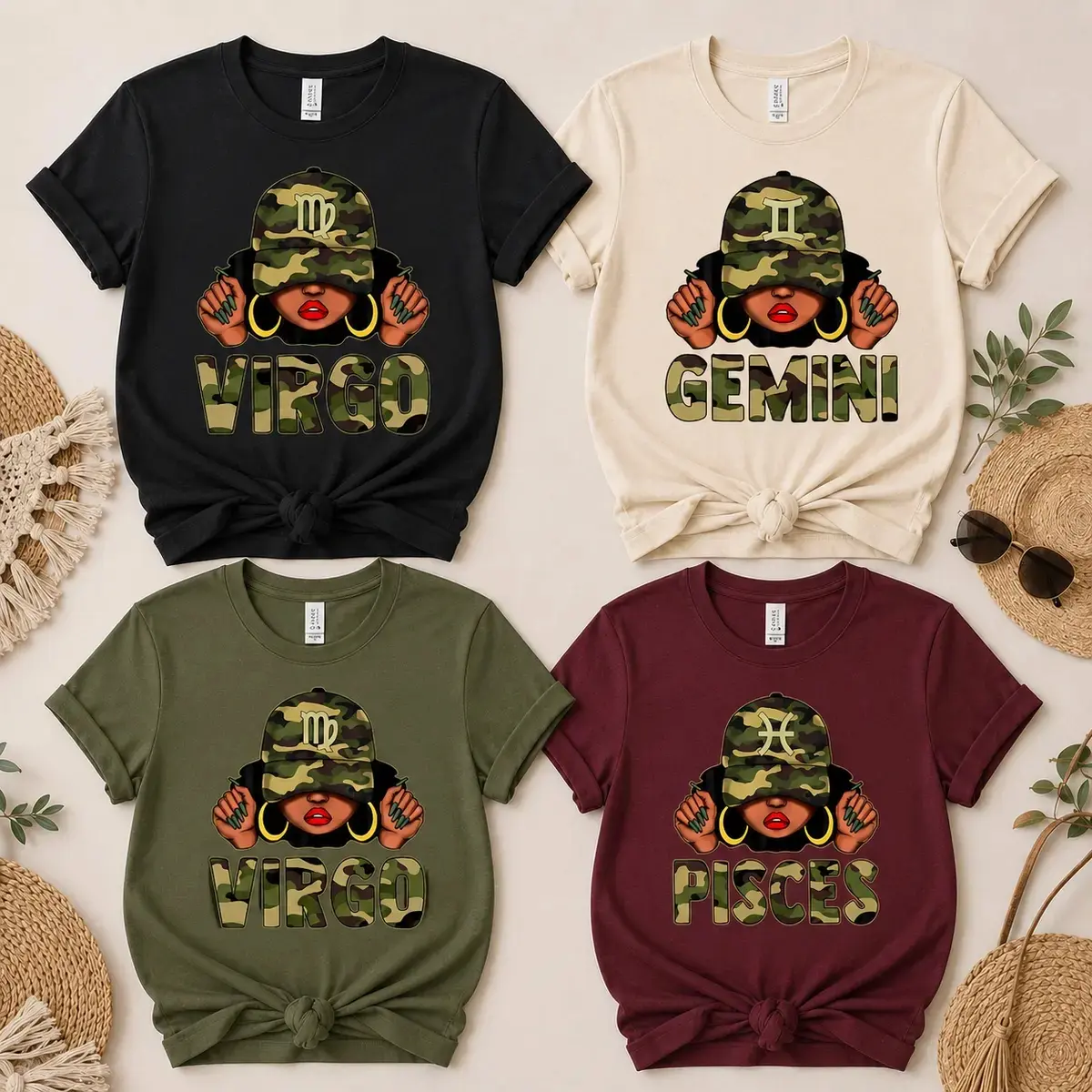 12 Zodiac Charcoal Girl Camo Shirt, Custom Zodiac Sign Tee, Afro Astrology Graphic T-Shirt, Virgo Gemini Pisces Shirt, Horoscope Gift for Women - DarkFlex Womenswear