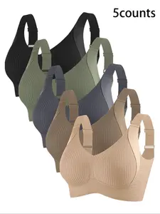 Women's Pure Color Wireless Bra Set, Soft Lightweight Design, Breathable Seamless Structure, Casual Daily Wear, 5 Pieces