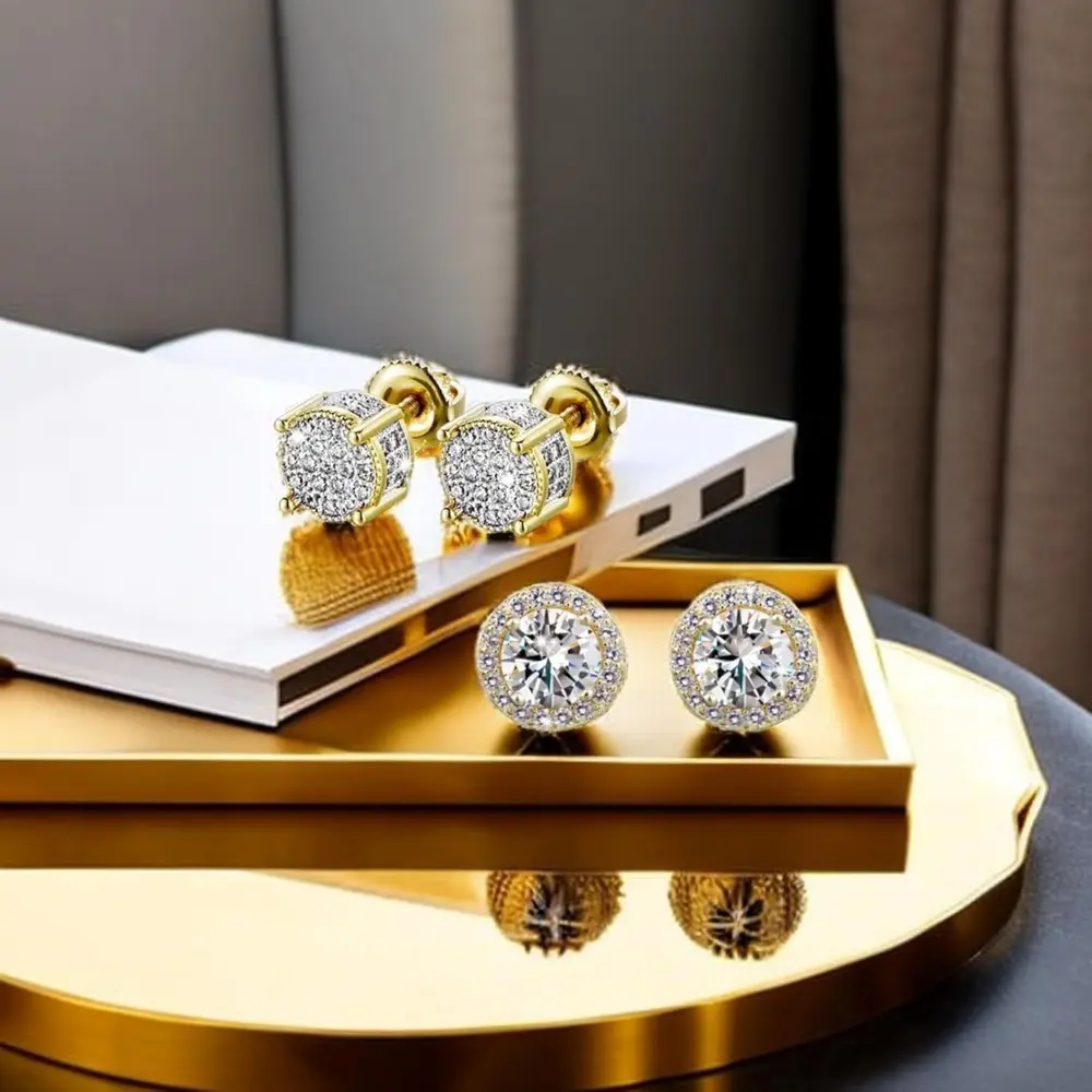 Unisex Earrings Jewelry Set (3 Pairs A/B/C Sizes) - White Gold Plated Gold Cubic Zirconia Round&Square Styles, Square Studs, Hypoallergenic Lead-Free Metal Dainty Stacking for Daily Wear, Men’s Earrings, Gold Cubic Zirconia Earrings