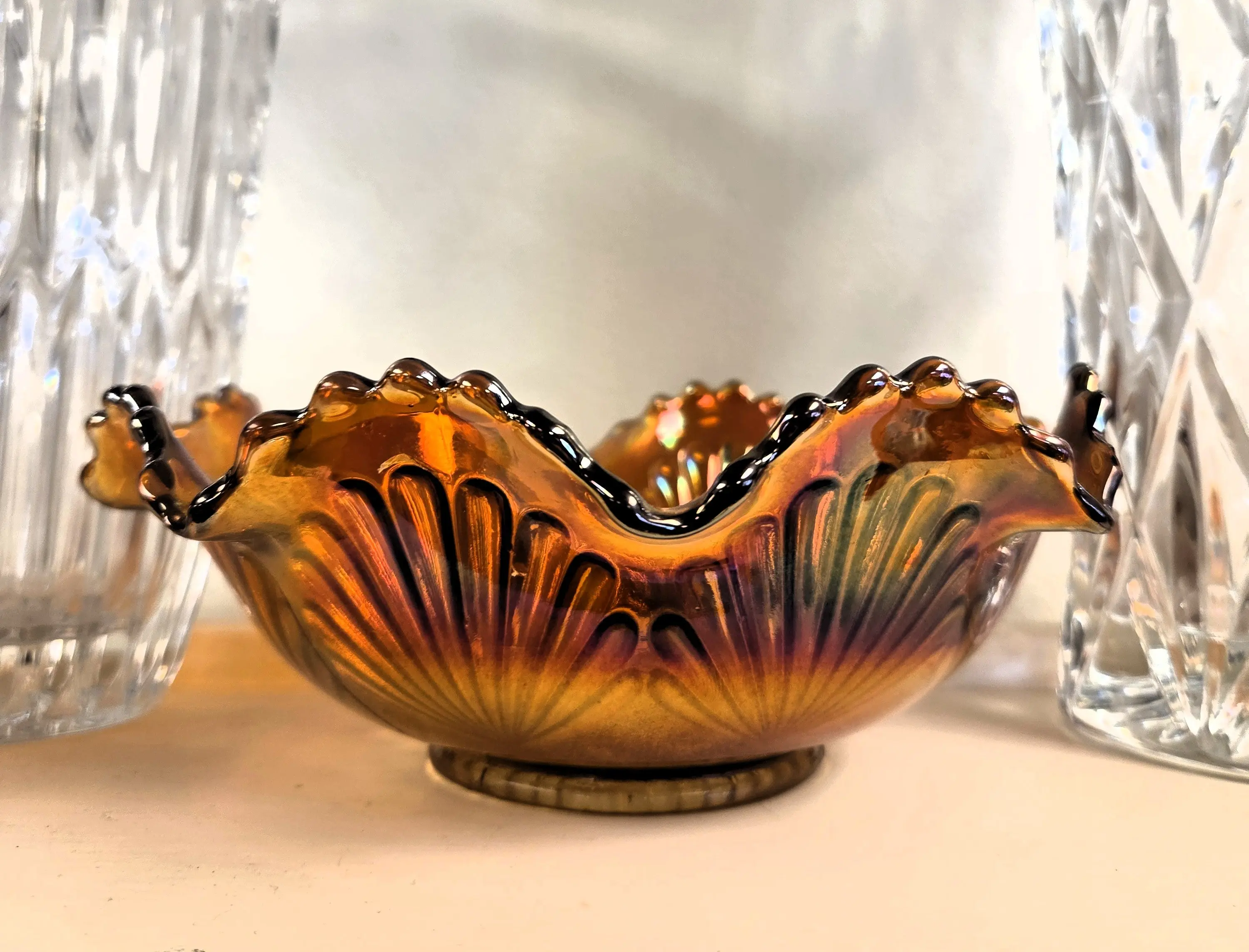 Antique Fenton Thick-Rimmed Fiery Marigold Carnival Glass Ribbon-Tie Ruffled Bowl - Fan-Like Ribs, Iridescence, Spectacular Amber, Subtle Pink Tones Early Americana Tableware, Circa 1911, Fiery Marigold Iridescent Finish