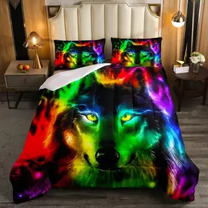 Wolf Designer Comforter Set,Safari Animal Luxury Bedding Set,Watercolor Printing Comforter,3D Ink Colorful Wolf Head Bedroom Decor Quilt Set