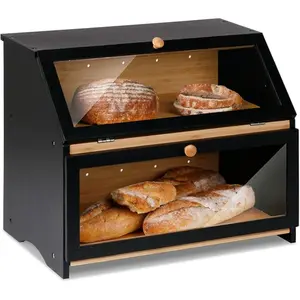 Double Layer Large Bread Box for Kitchen Counter Wooden Large Capacity Storage Bin Black with Glass Lid for Fresh Bread Storage