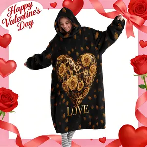 Hooded Blanket, Wearable Blanket, Women's Fleece-Lined Bathrobe, hat blanket,Fashionable Pajamas, Nightgown, Leopard Print Heart & LOVE Print Thickened Loungewear Perfect for stylish loungewear at home, ideal as a gift for Christmas or Valentine's Day