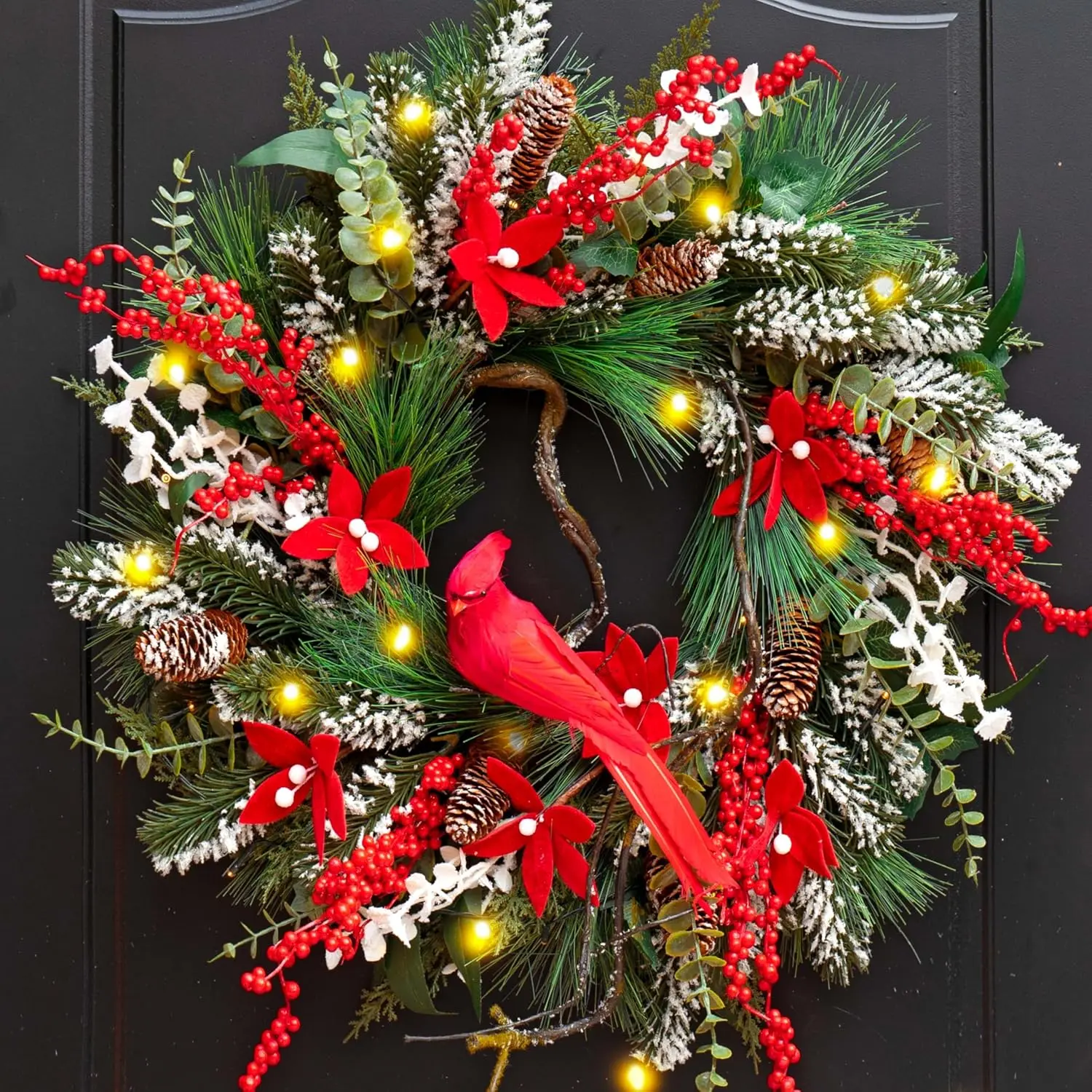 Christmas Wreath with Lights 24-inch Illuminated Christmas Wreath Pine Needle and Berry Decorations Perfect for Front Doors Large Pre-Assembled Wreath Ideal for Holiday Winter Window Displays Indoor and Outdoor Christmas Decorations