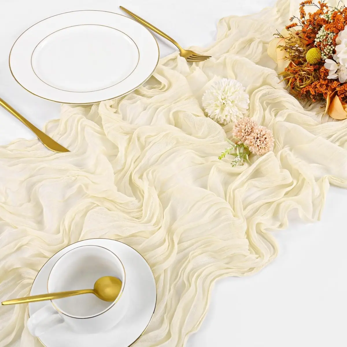 Crinkle Voile Table Runner - Boho Gauze Cheesecloth with Woven Fringe, Twisted Yarn, Do Not Iron for Rustic Farmhouse Weddings, Festive Decorations 2026