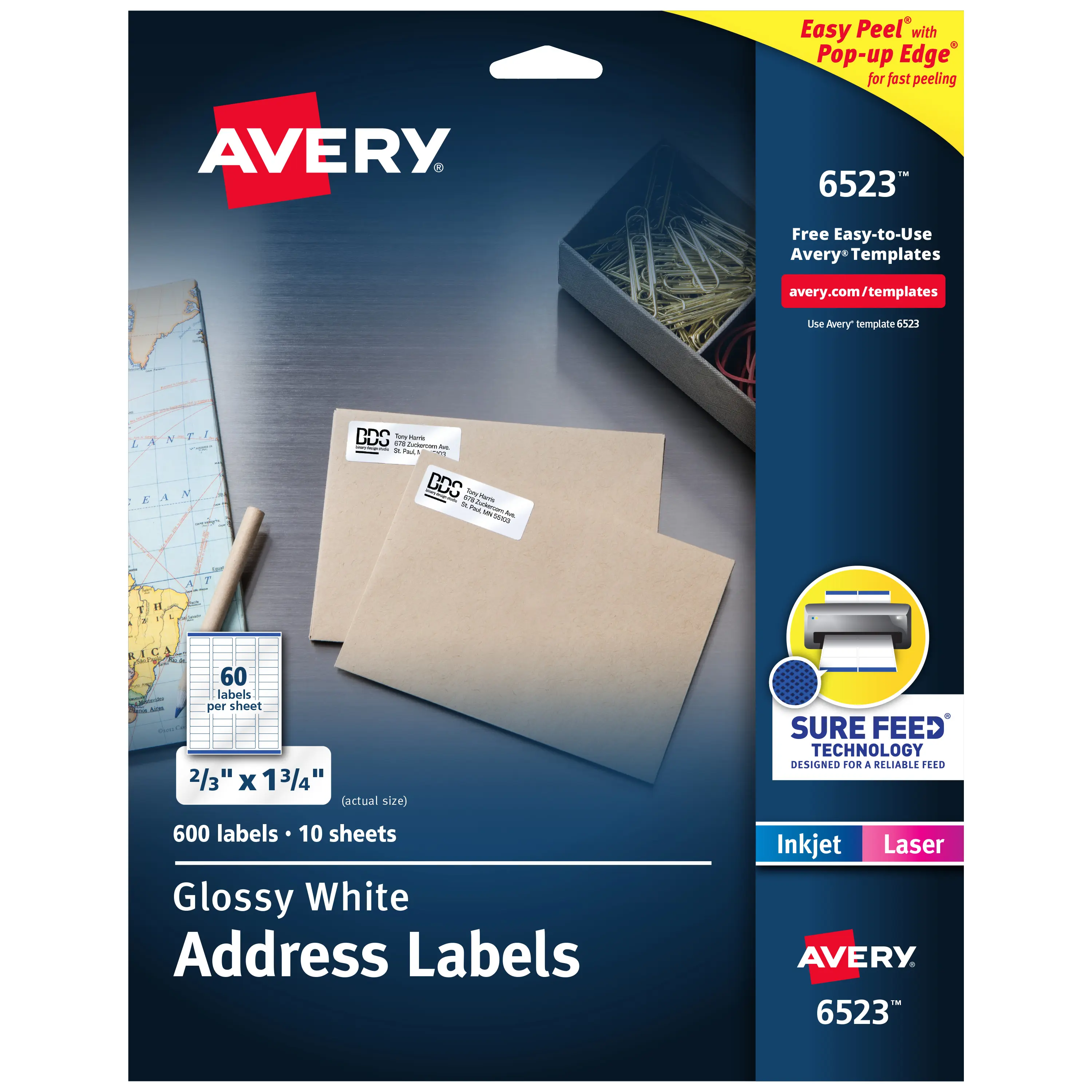 Avery Return Address Adhesive Labels & Stickers with Sure Feed, Easy Peel Technology, Glossy White, 2/3"x1-3/4" Permanent Adhesive, Digital Print & Permanently Attached, Laser/Inkjet Compatible, 600-Count (6523), Digital Print Labels & Stickers
