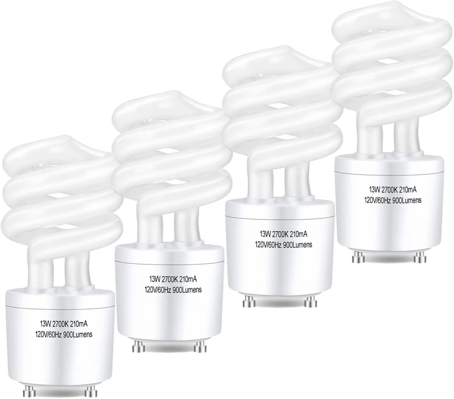 CFL Light Bulbs GU24 Base, T3 Spiral 13Watt (60Watt Equ) Soft White 2700K 900lm Compact Fluorescent Light Bulbs, UL Approved, 120v 60Hz, Self Ballasted CFL Bulbs, Pack of 4